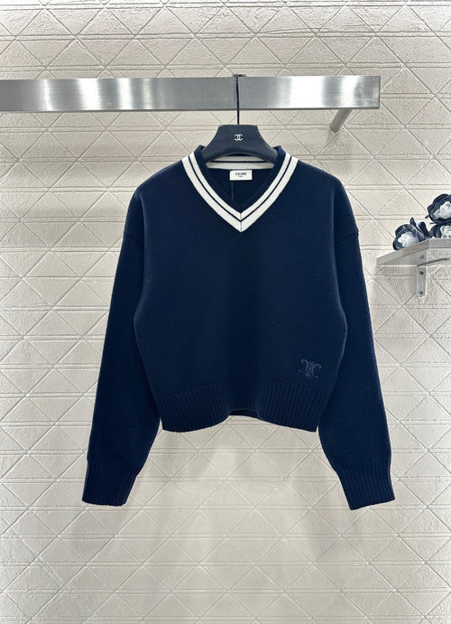 Celine Short Knit Pullover with V-Neck and Embroidered Logo