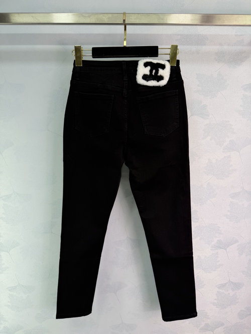 Chanel Black Denim Jeans with White Fuzzy CC Logo