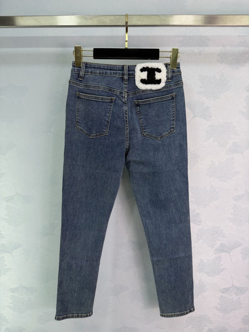 Chanel Blue Denim Jeans with Chic White Fuzzy CC Logo