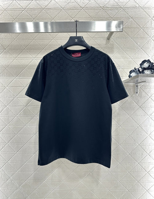 Gucci Round Neck Rhinestone Logo Cotton Short Sleeve T-Shirt