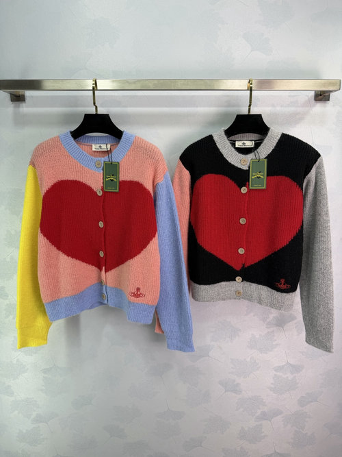 Vivienne Westhood Heart Pattern Wool Sweater with Contrast Trim, Wooden Buttons