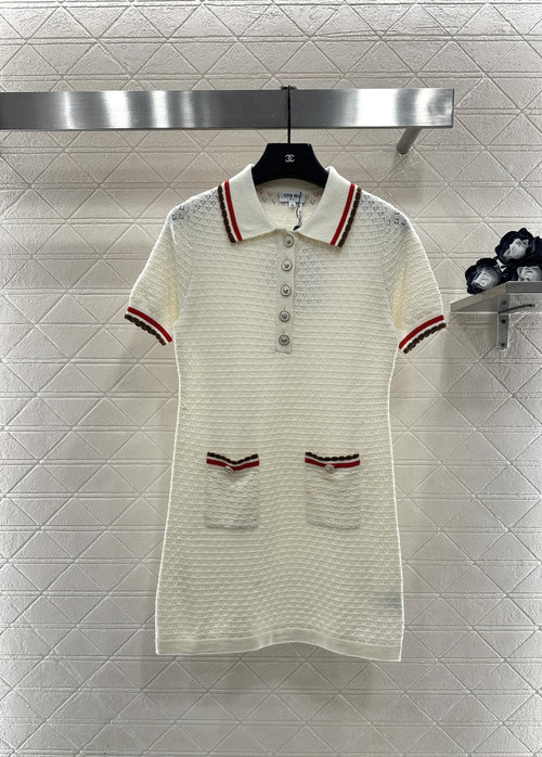 Chanel Contrast Collar Knit Short-Sleeved Dress