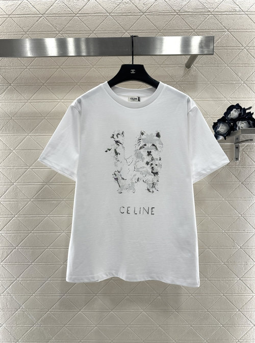 Celine Customized Cotton T-Shirt with Hand-drawn Dog and Letter Logo