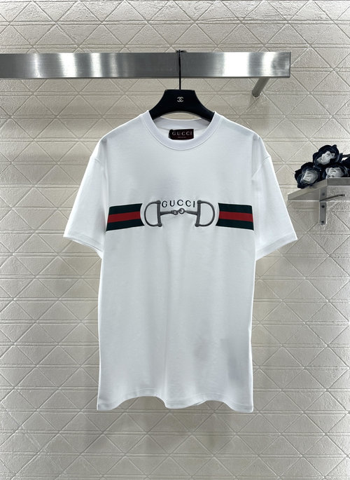 Gucci Cotton T-Shirt with Colorful Webbing and Horse Embroidery