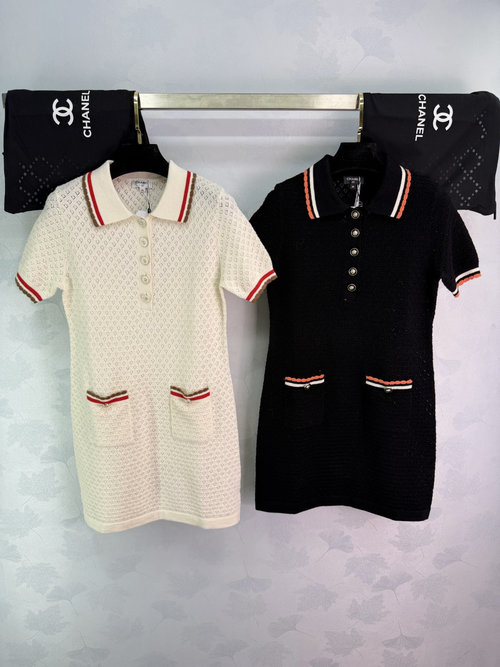 Chanel Contrast Collar Knitted Short Sleeve Dress with Camellia and Holographic Elements