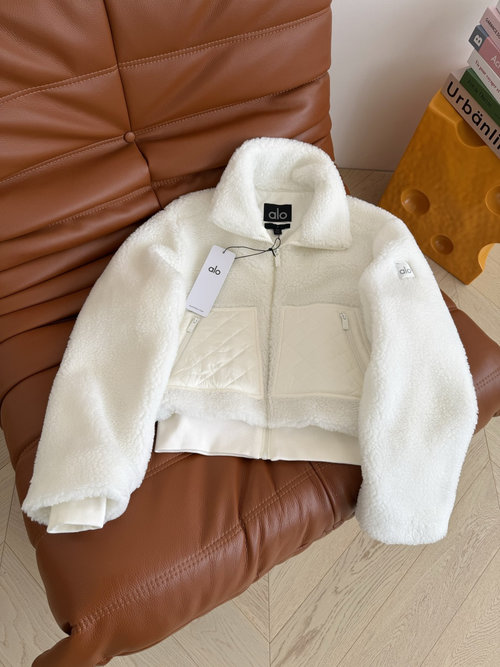 Alo Stylish Plush Zippered Jacket, Rhombus Patchwork, Casual and Warm