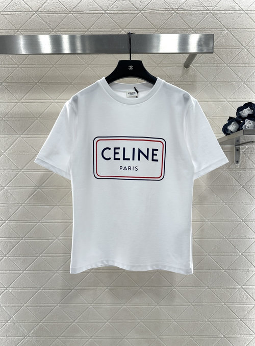 Celine Cotton Round-Neck T-Shirt with Printed Logo