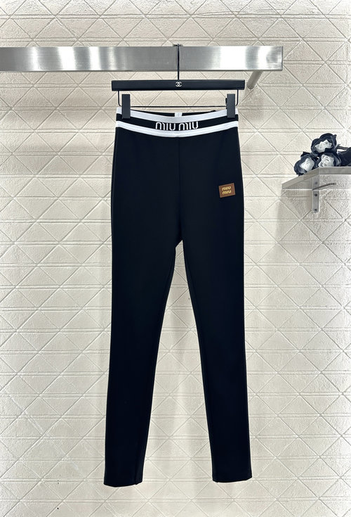 Miu Miu High-Elastic Waistband Leggings with Letter Straps