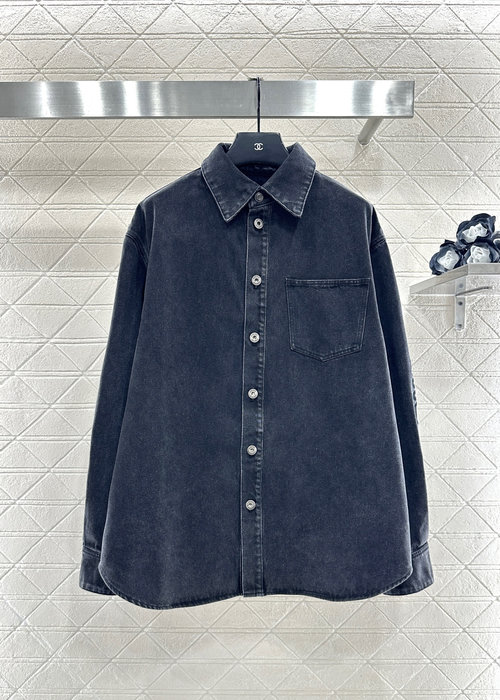 Versace Oversized Vintage Wash Denim Shirt with Embroidered Elbow Patch, Distinctive Look