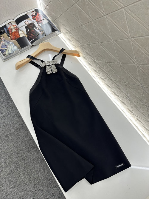 Miu Miu Crystal Strappy Backless Dress with Bow Design, Graceful Charm