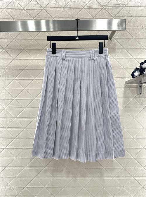 Miu Miu Customized Cotton Striped Midi Pleated Skirt with Embroidered Logo