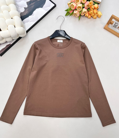 Celine Round Neck Logo Embroidered Cotton Long Sleeve T-Shirt