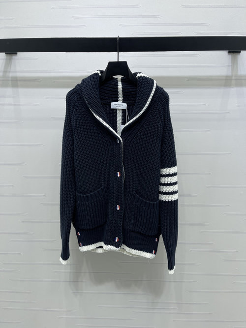 Thom Browne Elegant Wool Knit Lapel Cardigan with Stripes