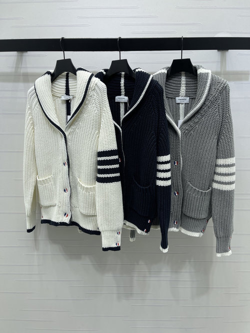 Thom Browne Elegant Wool Knit Lapel Cardigan with Stripes