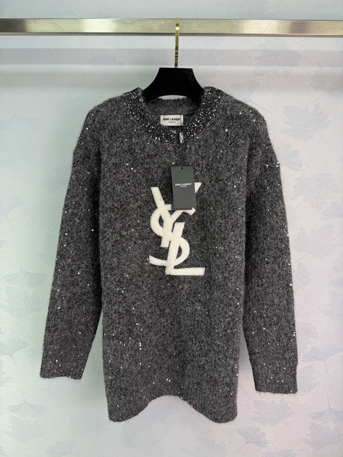 Yves Saint Laurent Stylish Glitter Logo Knitwear in Gray-Black
