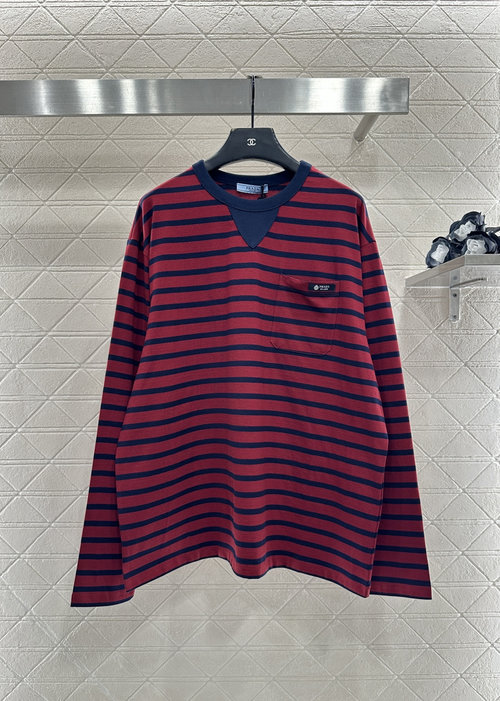 Prada Red and Blue Striped Round Neck Top with Logo Pocket