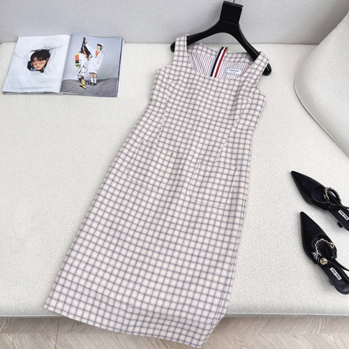 Thom Browne Pink Checked Tweed Square-necked Vest Dress