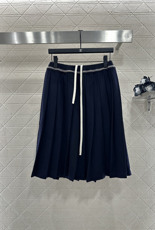Miu Miu Navy Blue High Waist Wool Pleated Skirt with Stripes