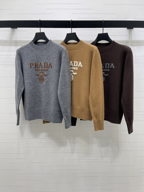 Prada Imported Wool Letter Round - Neck Pullover with Logo