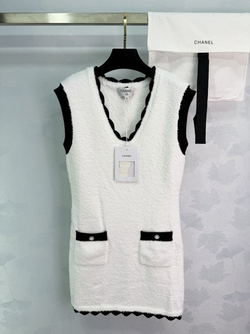 Chanel Classic Black and White V-Neck Knitted Vest Dress, Elegant and Timeless