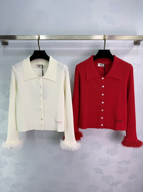Fendi Turn - Down Collar Knit Cardigan with Fur Cuffs and Logo