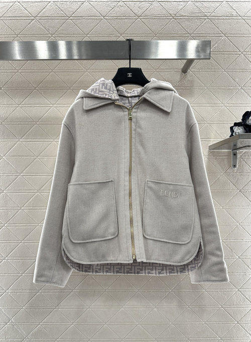 Fendi Reversible Wool Hooded Coat with Embroidered Logo, Two Colors