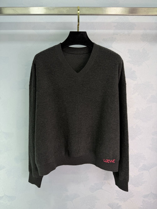 Loewe V-Neck Wool Knitted Sweater with Red Logo