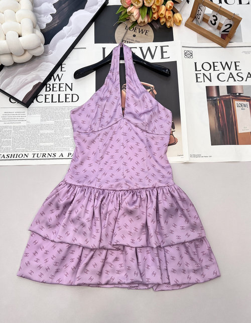Chanel Printed Halter Neck Dress with Bubble Hem and Double C Logo