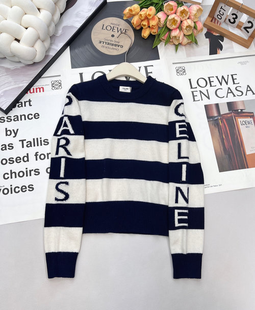Celine Round Neck Knit Sweater with Asymmetrical Logo, Blue-White Stripes