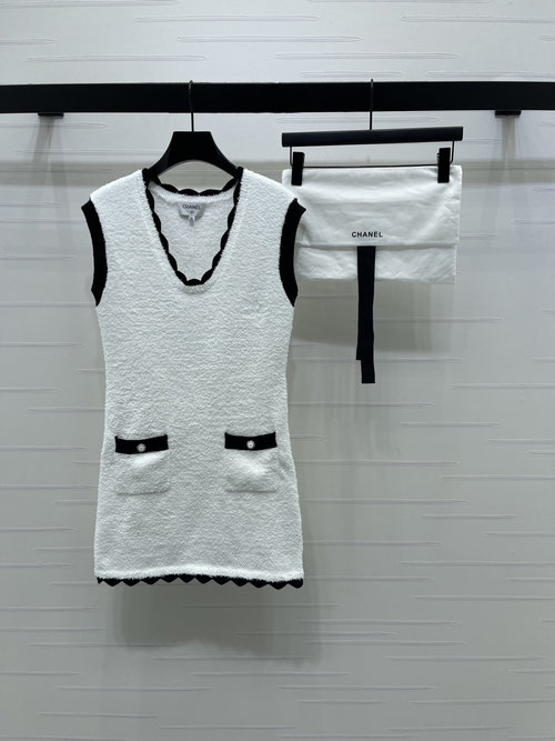 Chanel Contrast Knit Vest Dress with Wave Lace and Round Buttons