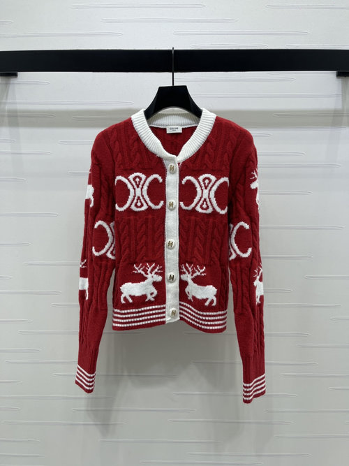 Celine Contrast Color Arch Motif Knitted Cardigan with Buttons