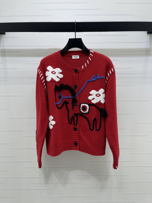 Celine Premium Horse Motif Knitted Cardigan with Contrast