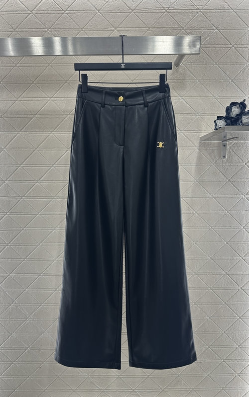 Celine Customized YB Leather Straight-Leg Pants with Pleated Design
