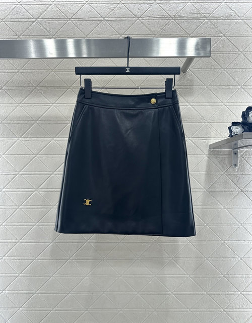 Celine Customized YB Leather High-Waisted Skirt with Logo