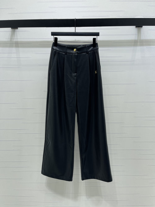 Celine Pleated Wide-Leg Leather Pants with Gold Accents