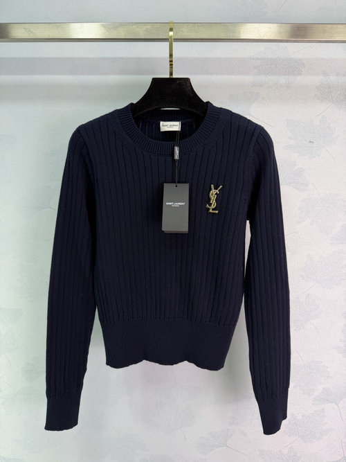 Yves Saint Laurent Cashmere Ribbed Round-neck Long Sleeve with Metal Pin