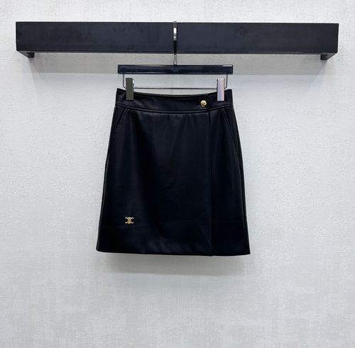 Celine One - Piece Leather Skirt with Tricolor Logo, Charming and Graceful