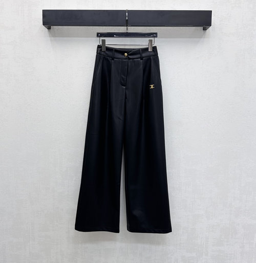 Celine Straight - Leg Leather Pants with Logo, Fashionable and Streamlined
