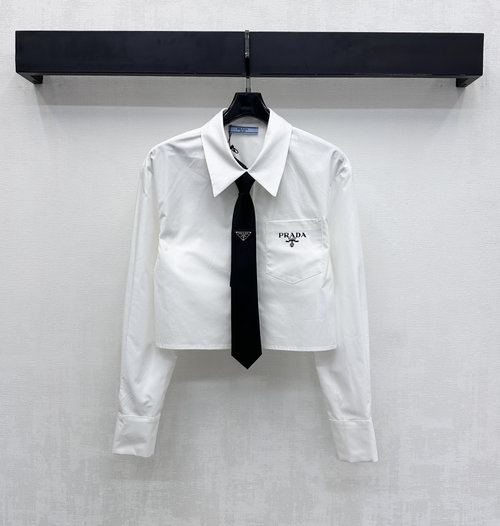 Prada Button - Down Short Shirt with Logo Tie, Practical and Sophisticated