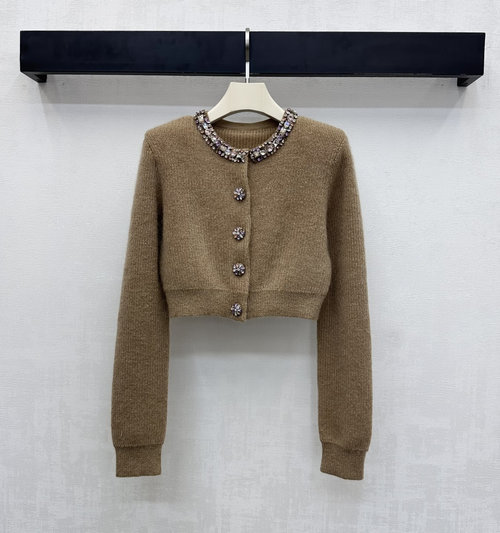 Self-Portrai Heavy Beaded Knit Cardigan with Crystal Button Accents