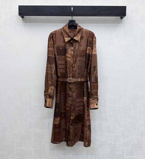 Louis Vuitton Printed Belted Shirt Dress with Silk Texture and Chic Details