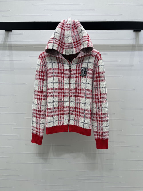 Burberry Quality Plaid Color-blocked Hooded Knit Cardigan