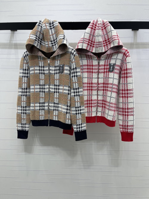 Burberry Quality Plaid Color-blocked Hooded Knit Cardigan