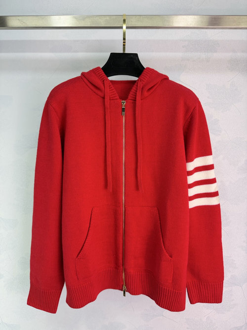 Thom Browne Wool Christmas Red Hooded Zip Cardigan with Dog Embroidery