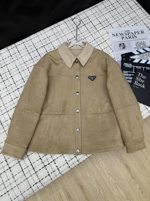 Prada Mid-Length Triangle Logo Thickened Coat, Warm