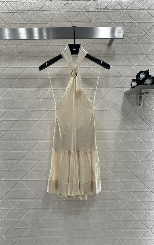 Chanel Knit Halter Neck Strappy Tank Top with Ruffled Hem