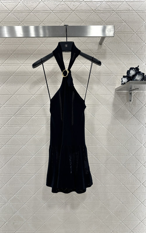 Chanel Knit Halter Neck Strappy Tank Top with Ruffled Hem