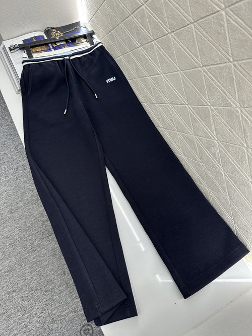 Miu Miu Straight - Leg Trousers with Striped Webbing Drawstring and Letter Logo Details