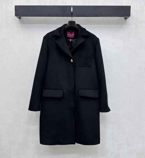 Gucci Mid-Length Woolen Trench Coat with Embroidered Logo
