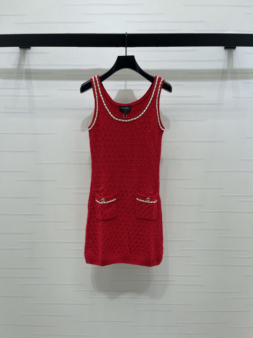 Chanel Latest Chain Backless Knitted Dress with Leather Trim